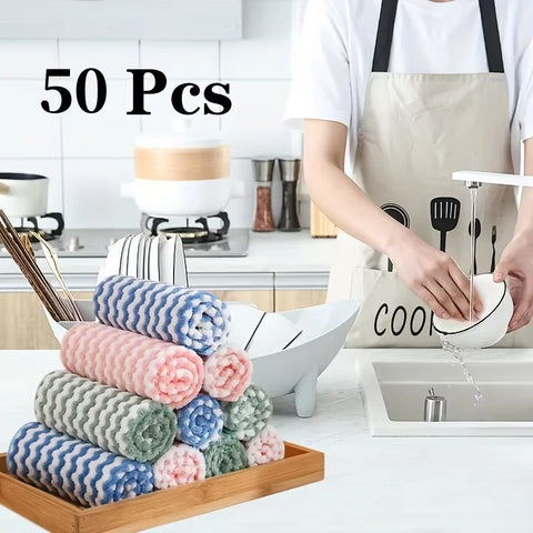 50-Piece Wavy Striped Kitchen Dish Cloths - Soft Highly Absorbent Rags, Tableware, Essential Household Cleaning Supplies