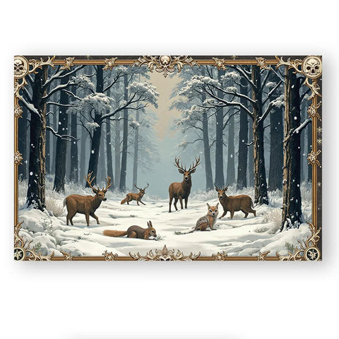 Enchanted Winter Forest Tapestry with Deer and Fox in Snow, Magical Animal Scene Wall Hanging for Bedroom or Living Room Decor