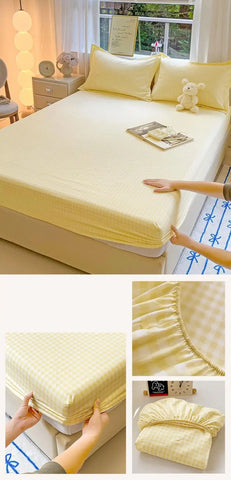 New Ultra-Thin Grid Pattern Fitted Sheet Set Washed Cotton Skin-Friendly Mattress Dust Cover Soft Breathable Household Mat
