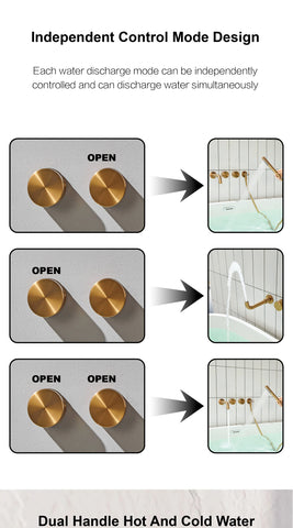 Luxury brass brushed gold wall mounted bathroom faucet with embedded dual handle hot and cold water 2 function bathtub mixer