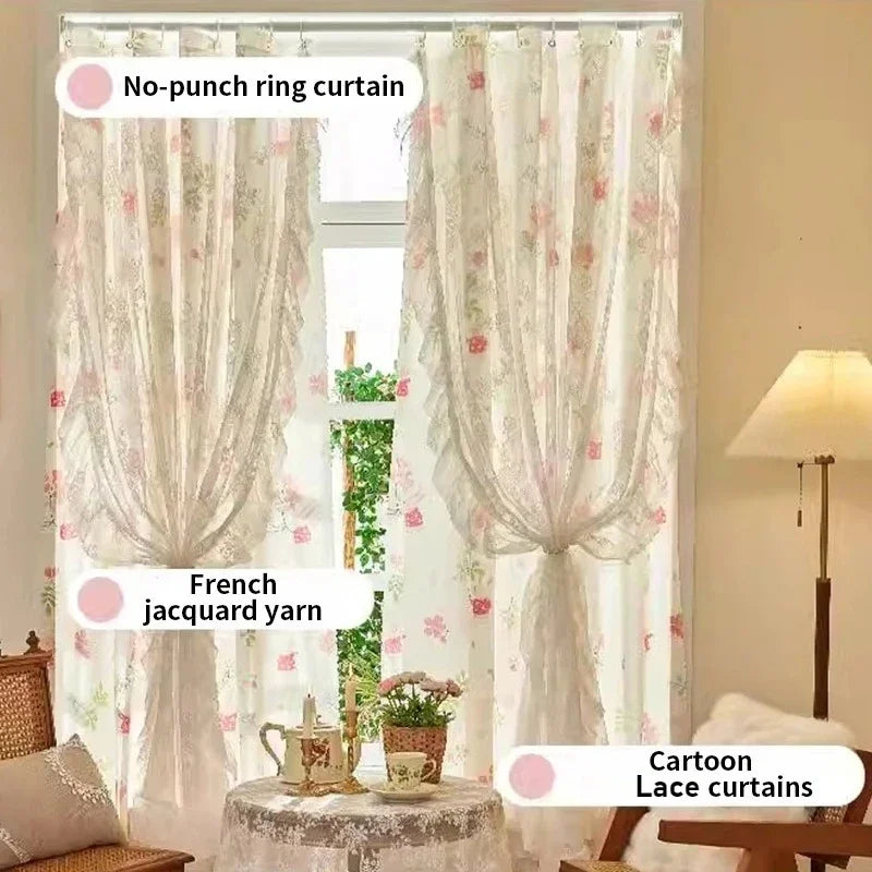 Double Layer Sheer Curtains Floral Print Lace French Style Voile Organza for Bedroom Decor Antique White Drapes 2025 New Design