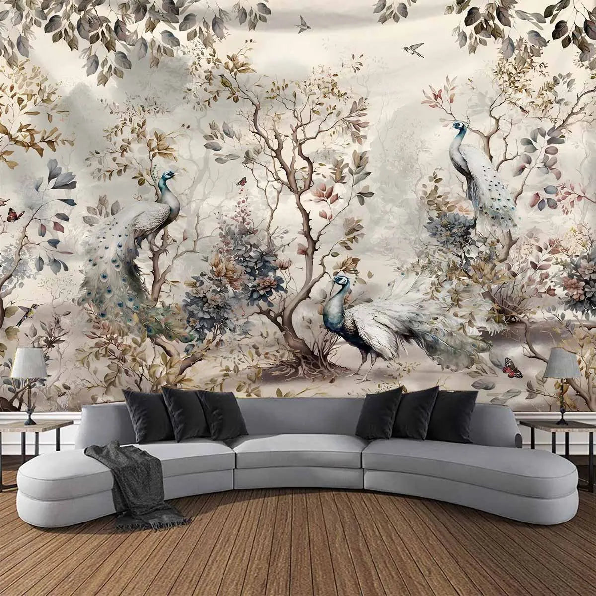 1 Peacock Floral Decorative Tapestry - Elegant wall hanging with bright floral and peacock pattern, polyester fabric