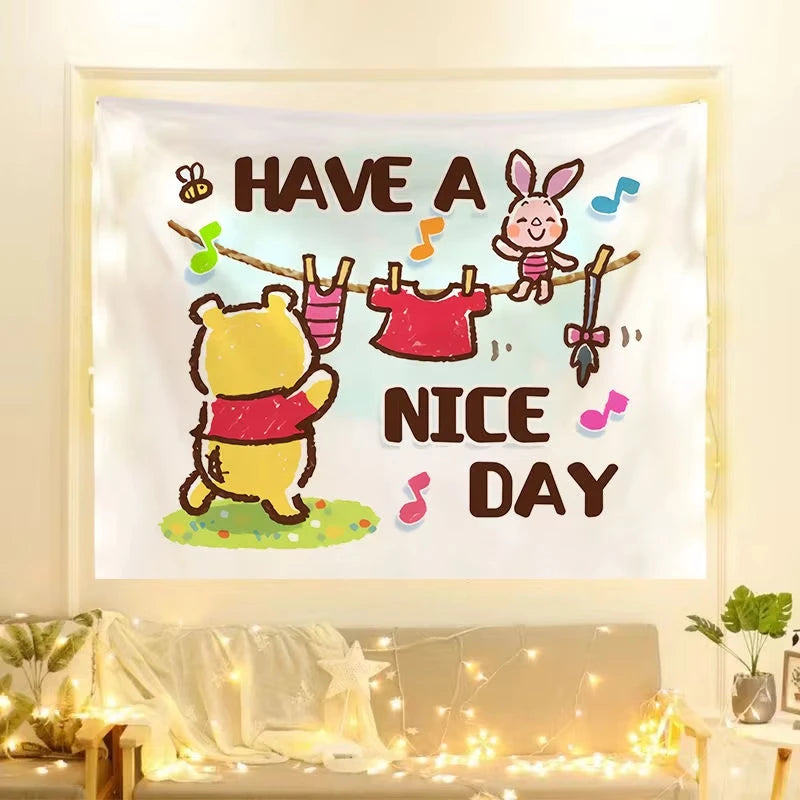 MINISO famous product cute cartoon Winnie the Pooh cartoon background cloth door tapestry cute carpet hanging cloth girl heart b