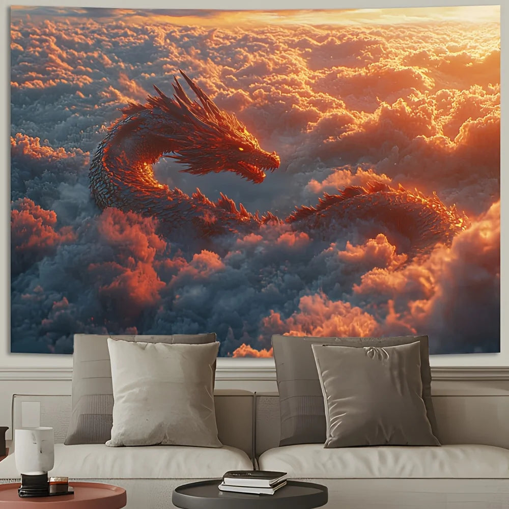 Majestic Dragon in the Clouds Tapestry - Perfect for Adding Fantasy and Dramatic Style to Any Room Decor, Ideal for Home Use