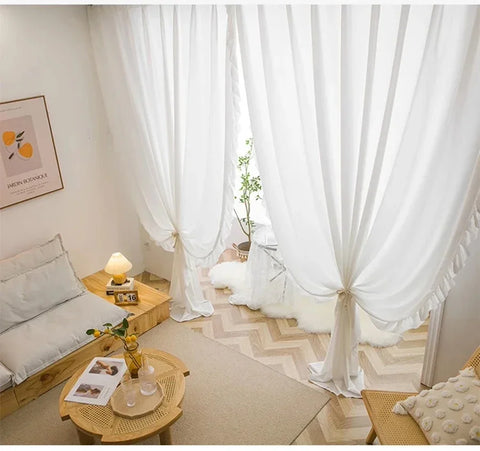 White Vintage Ruffle Tulle Curtains For Girls Bedroom Romantic Bay Window Drapes Living Room Soft Chiffon Thicker Sheer