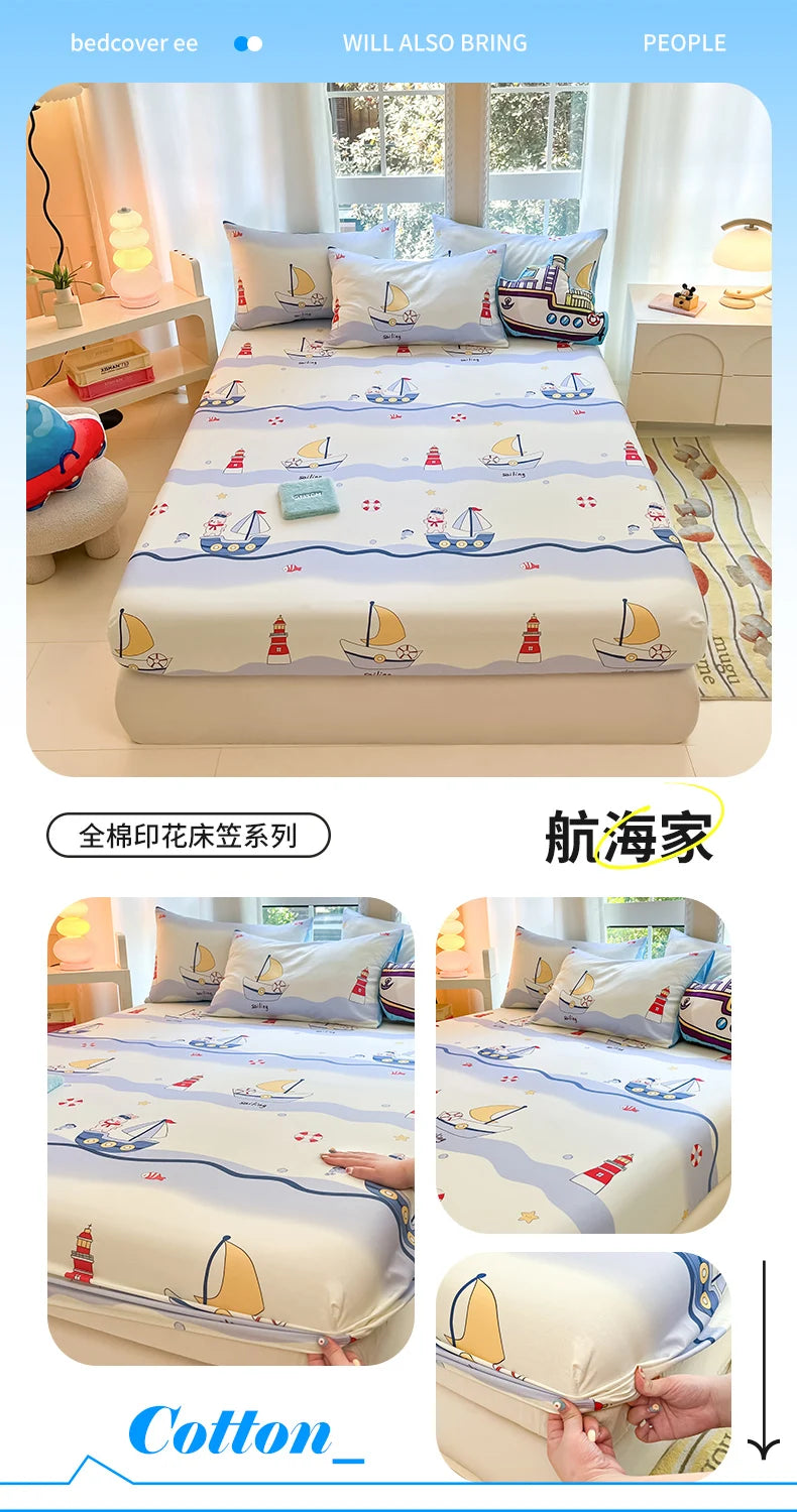 1pc 100%Cotton Bed Sheet for Kids Cartoon Style Car Printed Fitted Sheet with Elastic Band for Boys Pure Cotton Single Bed Cover