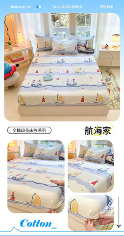 1pc 100%Cotton Bed Sheet for Kids Cartoon Style Car Printed Fitted Sheet with Elastic Band for Boys Pure Cotton Single Bed Cover