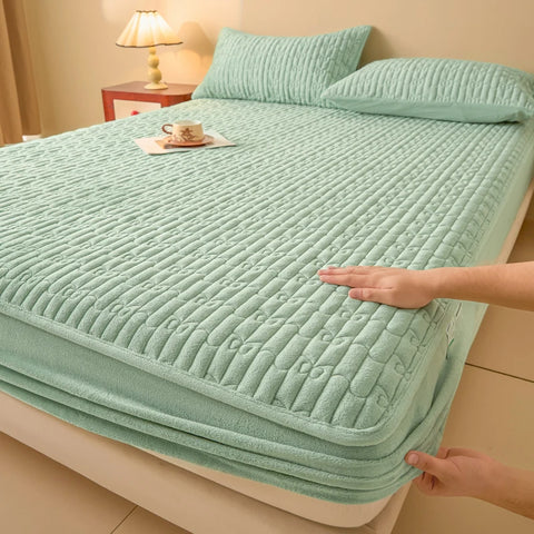 WASART Quilted coral fleece mattress protector cover winter warm elastic fitted sheet couple double bed protection pad 180x200