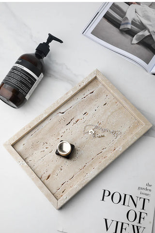 Minimalism Marble Tray for Perfume Candles Jewelry Travertine Stone Vanity Tray for Dresser Countertop Coffee Table Serving