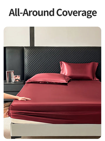 New Imitation Silk Satin Bed Sheet Set with Elastic Band Soft Silky Queen Fitted Sheet Mattress Cover King Size Bedsheet Sets