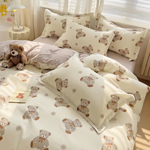 Cute Bear Duvet Cover Set for Teens, 3-Pieces Set 100%Cotton Comforter Cover with Pillow Shams, Soft Comfortable Kids Bedding