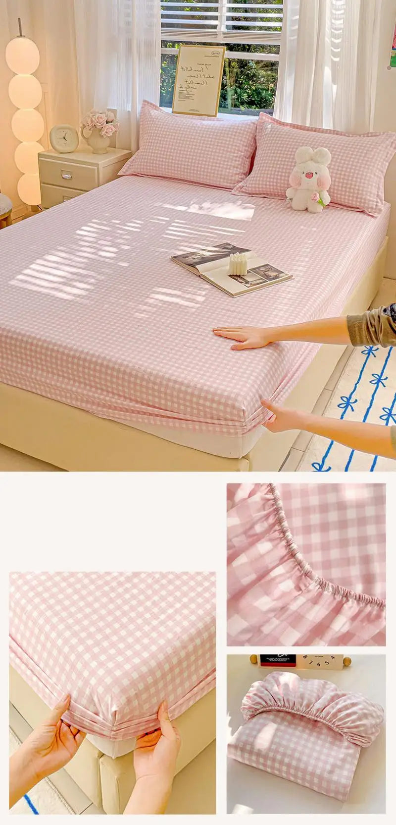 New Ultra-Thin Grid Pattern Fitted Sheet Set Washed Cotton Skin-Friendly Mattress Dust Cover Soft Breathable Household Mat