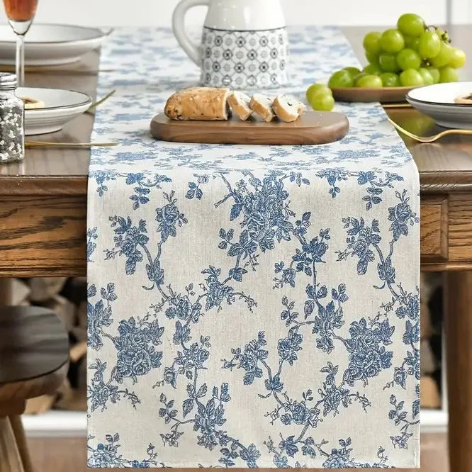 Cotton Linen Blue Printed Floral Table Runner With Tassel Circular Placemats for Wedding Party Dinning Table Decor