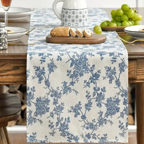 Cotton Linen Blue Printed Floral Table Runner With Tassel Circular Placemats for Wedding Party Dinning Table Decor