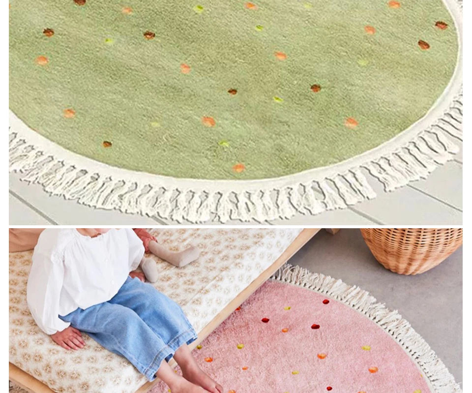 Cute Round Rug Bedroom Tassel Carpet Mat Bedside Kids Room Ddecoration Cartoon Floor Mats Home Soft Machine Washable Area Rugs