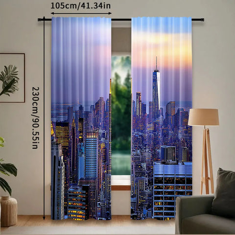 2Pcs Modern Curtain New York City Skyline With Skyscrapers At Sunset Night American Urban Life For Bedroom Living Room Dining
