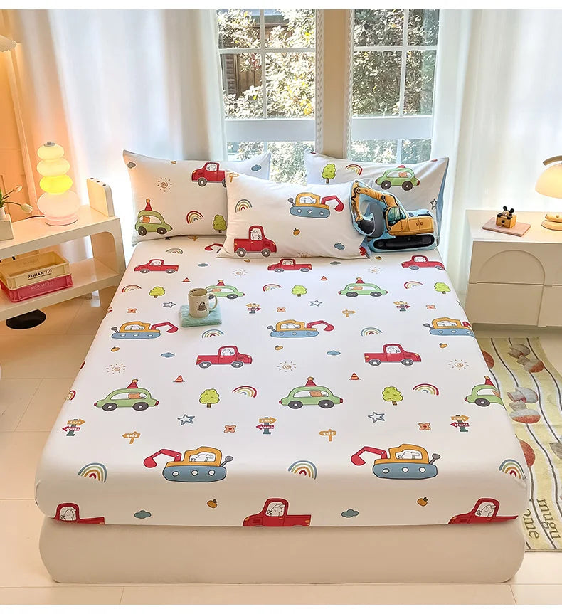 1pc 100%Cotton Bed Sheet for Kids Cartoon Style Car Printed Fitted Sheet with Elastic Band for Boys Pure Cotton Single Bed Cover