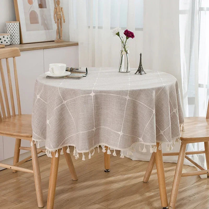 Solid Embroidery Round Tablecloth with Tassels Dust-Proof Table Cover for Kitchen Living Room Dinning Party Tabletop Decorations