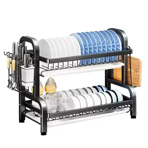 2 Tier Stainless Steel Dish Drying Rack with Drainboard Utensil Holder Compact Rust Proof Kitchen Storage Organizer