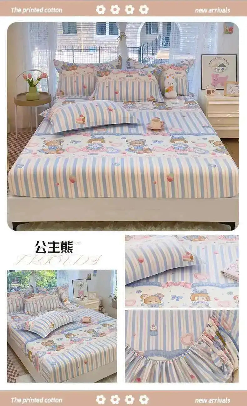 100% Cotton Kids Fitted Sheet - Pink Cartoon Print Single Size, Soft Bed Sheet Mattress Cover (No Pillowcase)