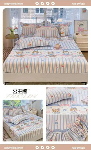 100% Cotton Kids Fitted Sheet - Pink Cartoon Print Single Size, Soft Bed Sheet Mattress Cover (No Pillowcase)