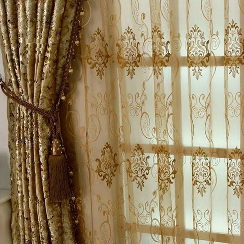 European Luxury Gold Curtains For Living Room Bedroom Sheer Embroidered Tulle Print Shading Windows Backdrop Customize Шторы