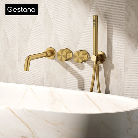 Luxury brass brushed gold wall mounted bathroom faucet with embedded dual handle hot and cold water 2 function bathtub mixer