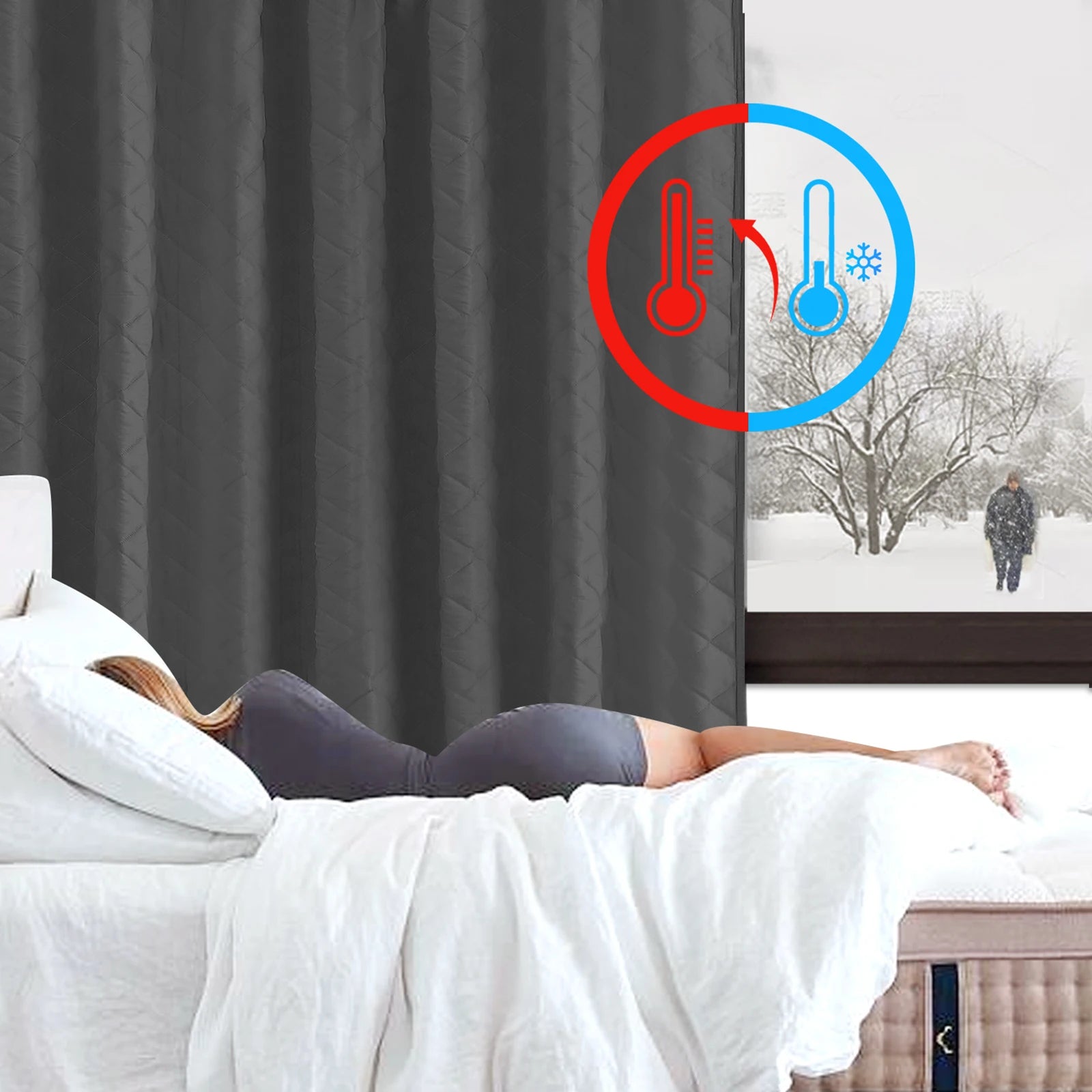 Quilted Blackout Curtains Heavy Duty Noise Reducing Thermal Insulated Drapes Liner Anti-cold Rod Pocket for Living Room Bedroom