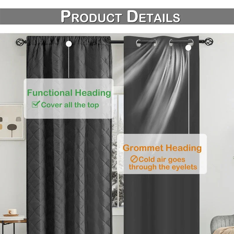 Quilted Blackout Curtains Heavy Duty Noise Reducing Thermal Insulated Drapes Liner Anti-cold Rod Pocket for Living Room Bedroom