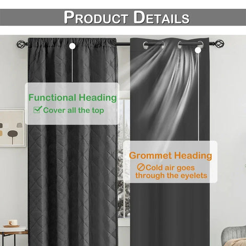Quilted Blackout Curtains Heavy Duty Noise Reducing Thermal Insulated Drapes Liner Anti-cold Rod Pocket for Living Room Bedroom