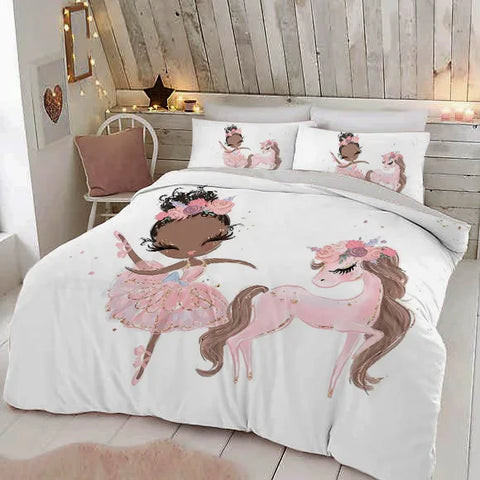 Modern Lovely Princess Kids Bedding Set Twin Size Microfiber Cartoon Unicorn Swan Ballet Girl Print Duvet Cover With Pillowcases