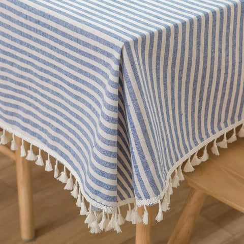 Cotton Linen Table Cloth Stripe Tassel Rectangle Tablecloth Dust-Proof Table Cover for Kitchen Dinning Tabletop Decoration