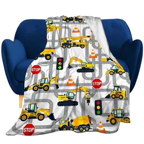 Yellow Construction Truck Blanket Cartoon Tractor Cars Flannel Throw Blankets for All Season Kids Boys Excavator Sofa Blanket