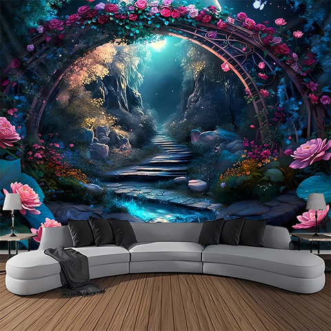 1 Piece Romantic Garden Arch Tapestry - Polyester Material, Ideal for Living Room & Bedroom Decoration - with Installation Kit