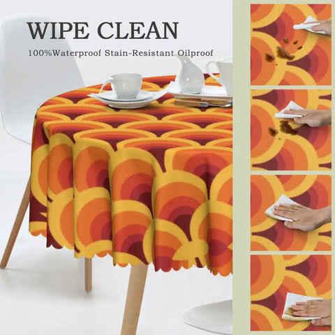 Orange Wave Gradient Retro Pattern Round Tablecloths 60 Inch Abstract Geometric Table Covers for Kitchen Table Cloth