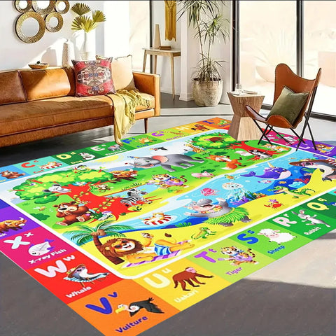 Cartoon Zoo ABC Kid Rug for Playroom Classroom Play Rug Kid Play Mat Alphabet Rug Primary School Preschool Mat Room Learning Use