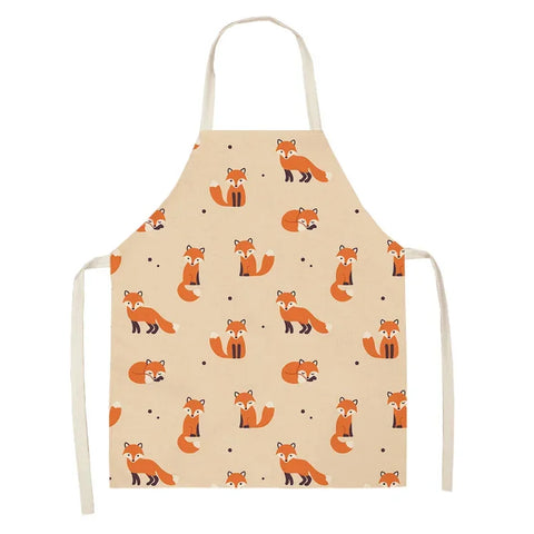 1Pcs Cute Fox Cat Pattern Apron Women Men Kids Waterproof Cooking Oil-proof Kitchen Cooking Bib Aprons Cotton Linen Home Textile