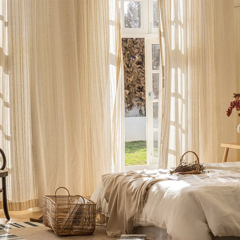 1/2 Panles Japanese Harajuku Style Striped Linen Gauze Curtains, Living Room And Bedroom Gauze Curtains