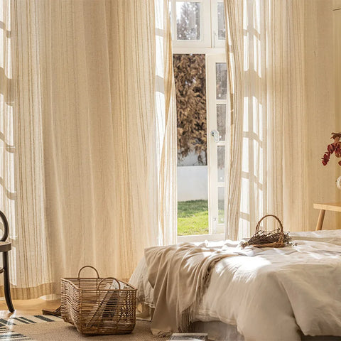 1/2 Panles Japanese Harajuku Style Striped Linen Gauze Curtains, Living Room And Bedroom Gauze Curtains