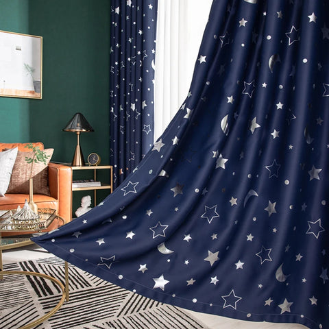 Blackout Curtains For Kids Boys With Stars And Moon Bedroom  Livingroom Window Drapes Navy Blue Gray Pink