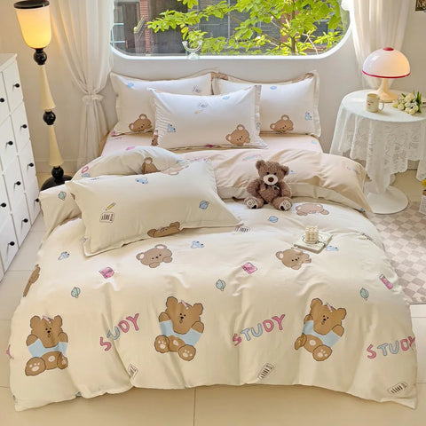 Cute Bear Duvet Cover Set for Teens, 3-Pieces Set 100%Cotton Comforter Cover with Pillow Shams, Soft Comfortable Kids Bedding