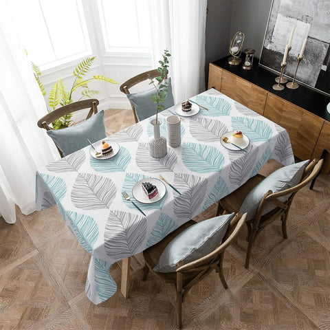 Teal Abstract Leaves Stripes Rectangle Tablecloth Holiday Party Decor Washable Kitchen Dining Table Cloths Outdoor Picnic Decor