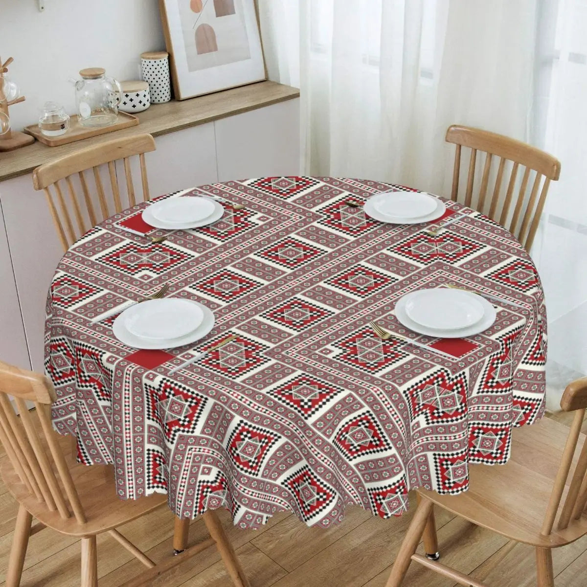 Ukraine Vyshyvanka Embroidery Tablecloth Round Oilproof Bohemian Geometric Table Cover Cloth for Kitchen 60 inches