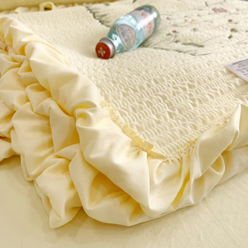 Fresh Flower Embroidered Summer Blanket 4/3/1 Pcs Ruffled Quilted Summer Quilt Set Machine Washable Lightweight Comforter Duvet
