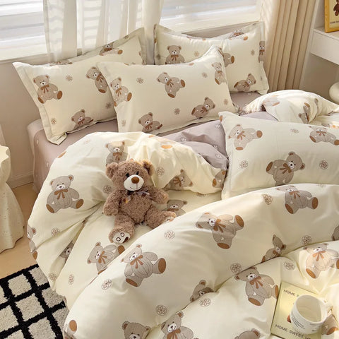 Cute Bear Duvet Cover Set for Teens, 3-Pieces Set 100%Cotton Comforter Cover with Pillow Shams, Soft Comfortable Kids Bedding