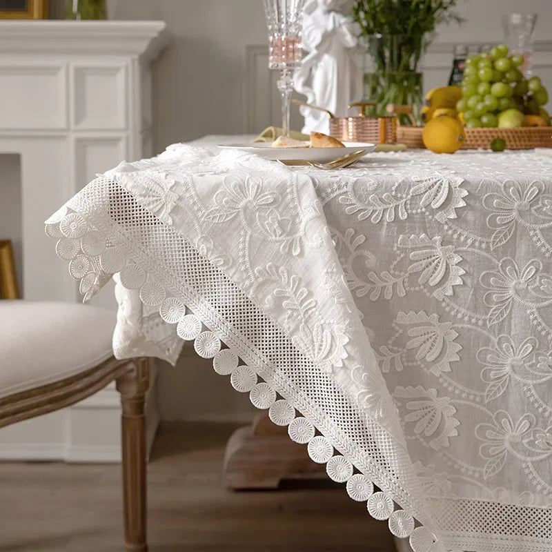Luxury Lace Tablecloth Party Table Cloth American White Embroider Table Decoration for Living Room Bedroom Table Cover