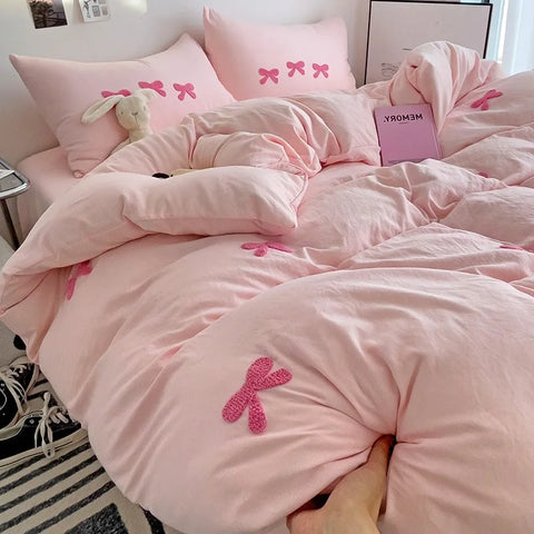 Cute Pink Bows Duvet Cover Set, 3D Embroidery Bedding Sets Pink Bed Set, Comfy Queen Comforter Covers Soft for Girls Kids Teens