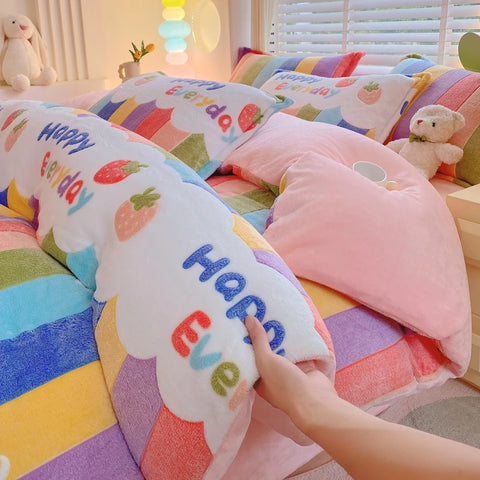 Rainbow Theme Plush Duvet Cover Fluffy Soft Boys Girls Luxury Queen Quilt Cover Winter Warm Letter Print Bedding No Pillowcase