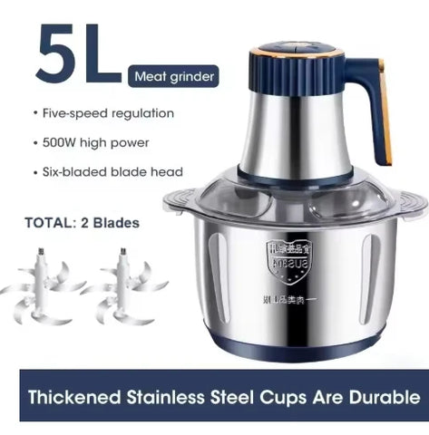 5L Electric Meat Grinder Chopper Stainless Steel Meat Vegetables Blender, 500W Household Stuffing Food Processor Mincer 5 Modes