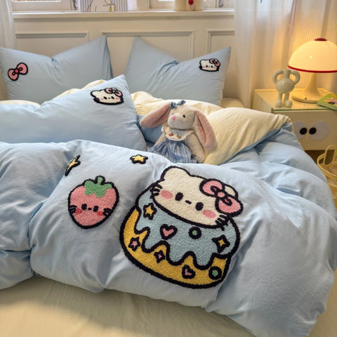 Cute Pink Cartoon Cat Towel Embroidery Girls Kids Bedding Set Soft Washed Cotton Duvet Covers Set Bed Sheet Pillowcases 3/4Pcs